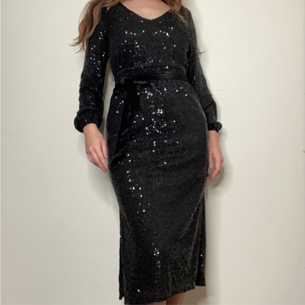 Betsey Johnson Black Sequin‎ Sparkle Midi Dress Velvet Belt